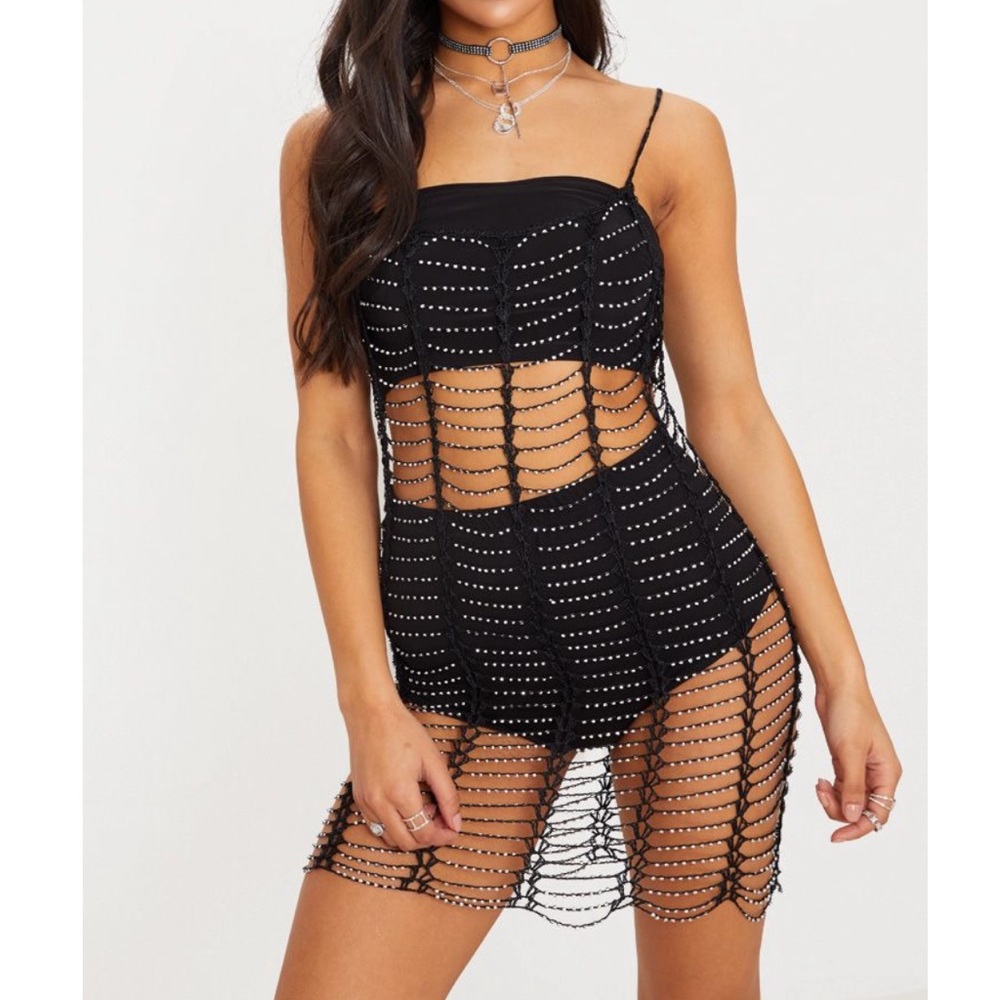 Black crochet beaded dress bikini cover up